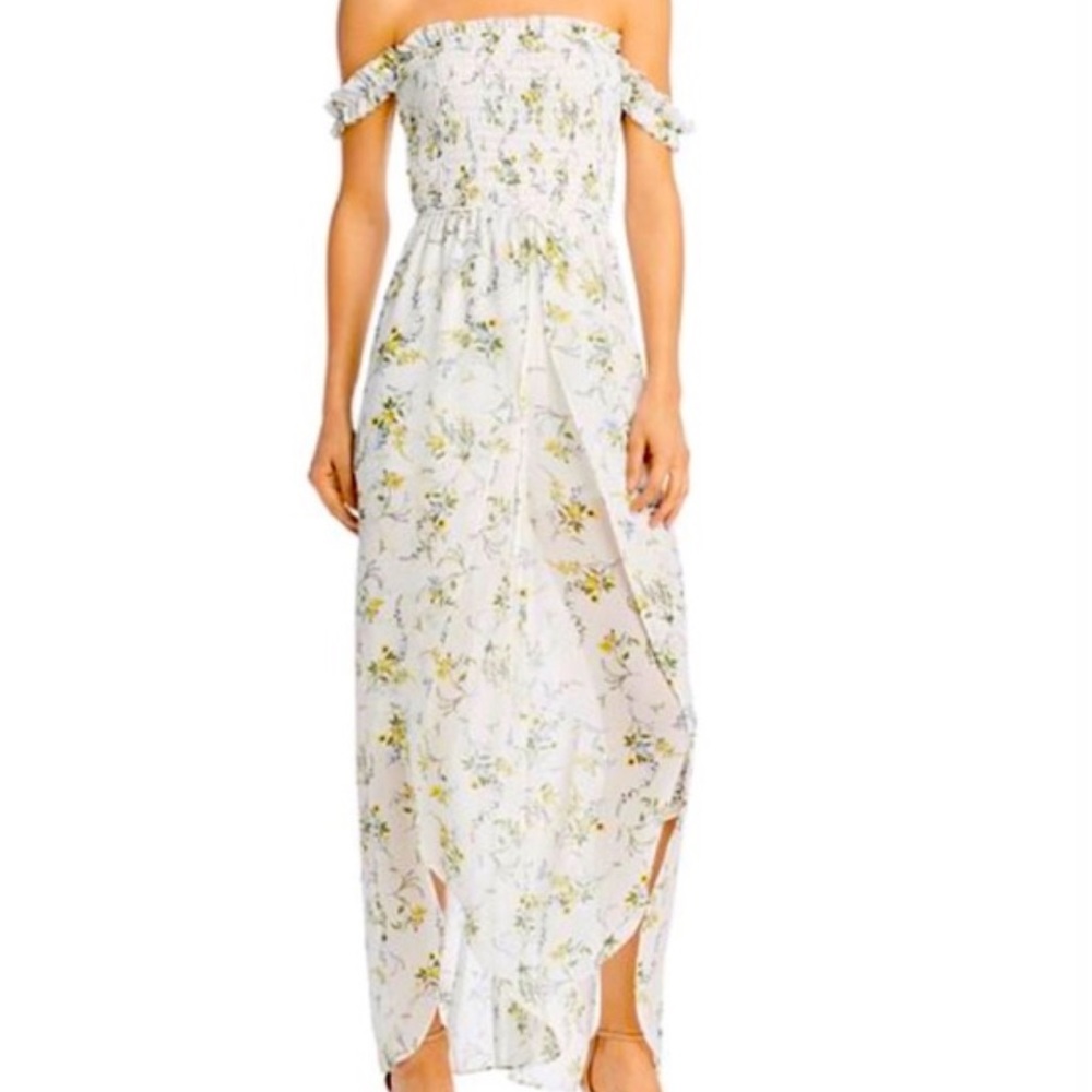 AQUA White Floral Smocked Bodice Wide Leg Jumpsuit